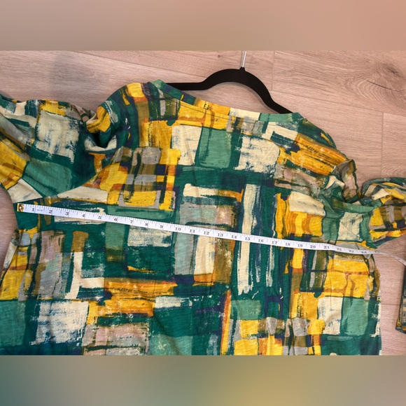 LOGO Lori Goldstein 2X Shirt Top Green Yellow Long Tunic V Neck Lagenlook - Picture 9 of 9